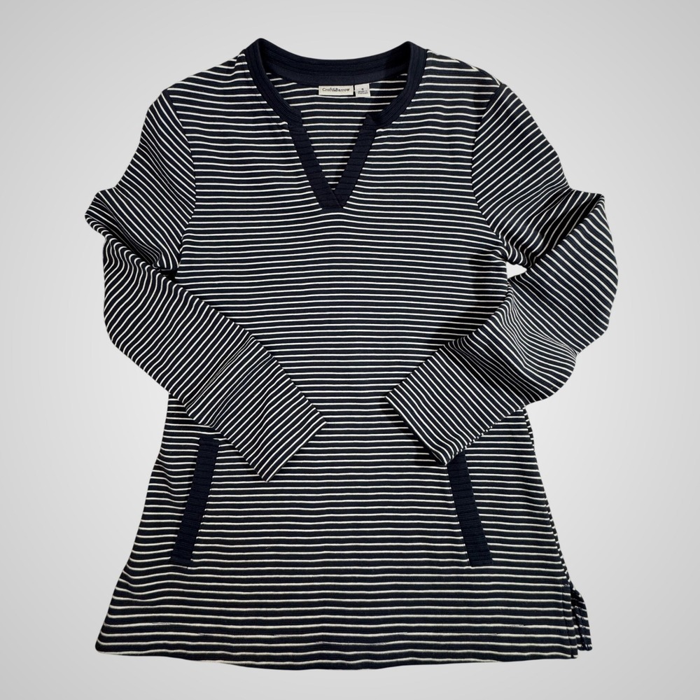 Craft & Barrow Navy Blue White Striped Split Neck Tunic Top with Pockets Small